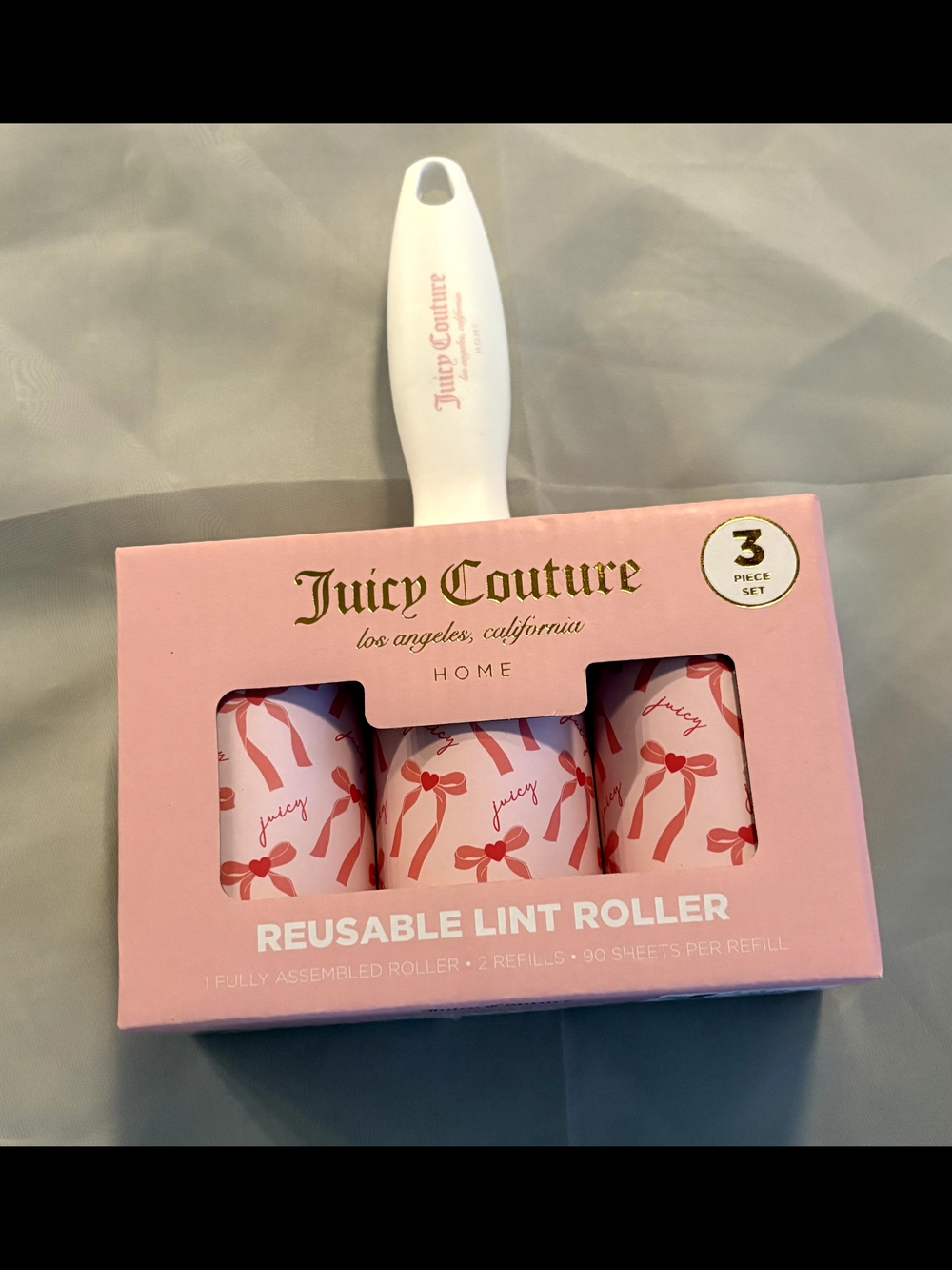 New In Box Juicy Couture Reusable Lint Roller Set 3 Piece Set Pink Or Black